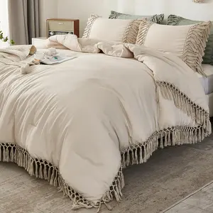 Full Size Comforter Sets Beige, 3 Pieces Boho Bed Comforter Full, Lightweight Tassel Bedding Comforter Set, All Season Bed Set (79x90In Comforter & 2 Pillowcases)
