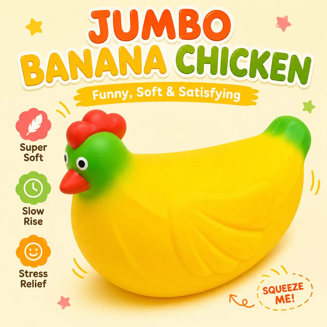 Jumbo Banana-Chicken Squishy Toy, Slow-Rise Stress Relief Squeeze Toy for Funny Fidgeting, Jumbo Squishy