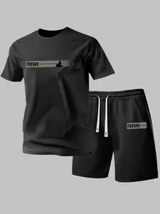 Men's Letter Graphic Print Round Neck Short Sleeve Casual Fitted T-Shirt + Waist Drawstring Shorts Set, Campus Sports Outdoor Leisure 2 Piece