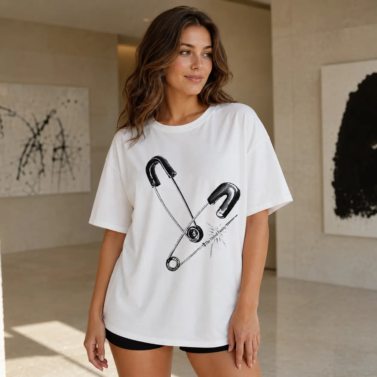 Unisex Safety Pin Graphic T-Shirt, The United Family Oversized Crew Neck Short Sleeve Casual Art Tee for Women and Men