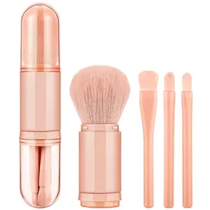 Travel Brush Set with case, 4 in 1 Mini Cute Brush Retractable Professional Foundation Blending Powder Eye Shadow Brush for Women Facial Cosmetics Brush Set