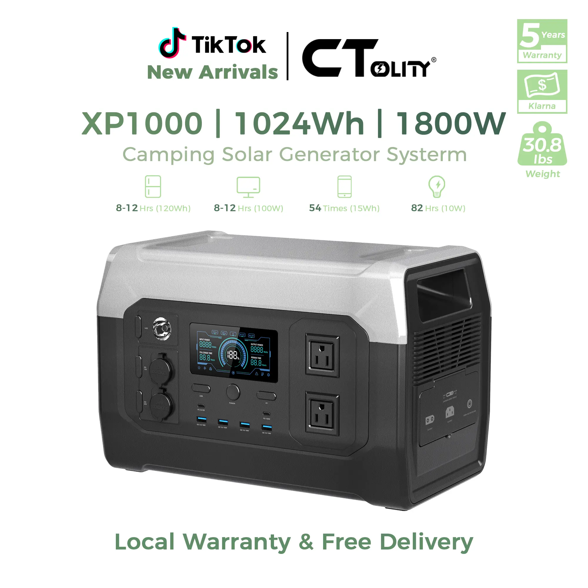 CTOLITY XP1000 Portable Power Station 1600W, 1024Wh LiFePO4 Solar Generator with 1H Fast Charging, UPS Backup, AC Outlets & USB-C PD, Home Backup, Camping, RV & Emergency Power
