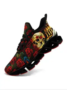 Men's Fashionable Skull & Rose Print Lace Up Low Top Sneakers, Casual Comfortable Sports Running Shoes, Male All-match Round Toe Shoes for Daily Wear