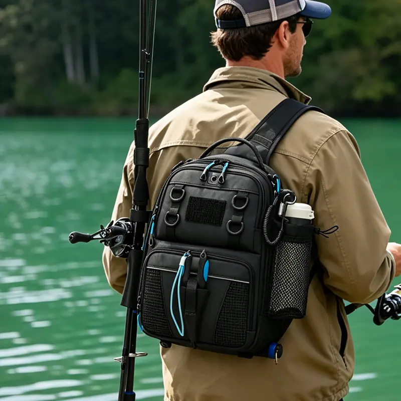 Fishing Sling Chest Bag with Rod Holder Waterproof Tackle Storage Crossbody Backpack for Outdoor Lure Fishing