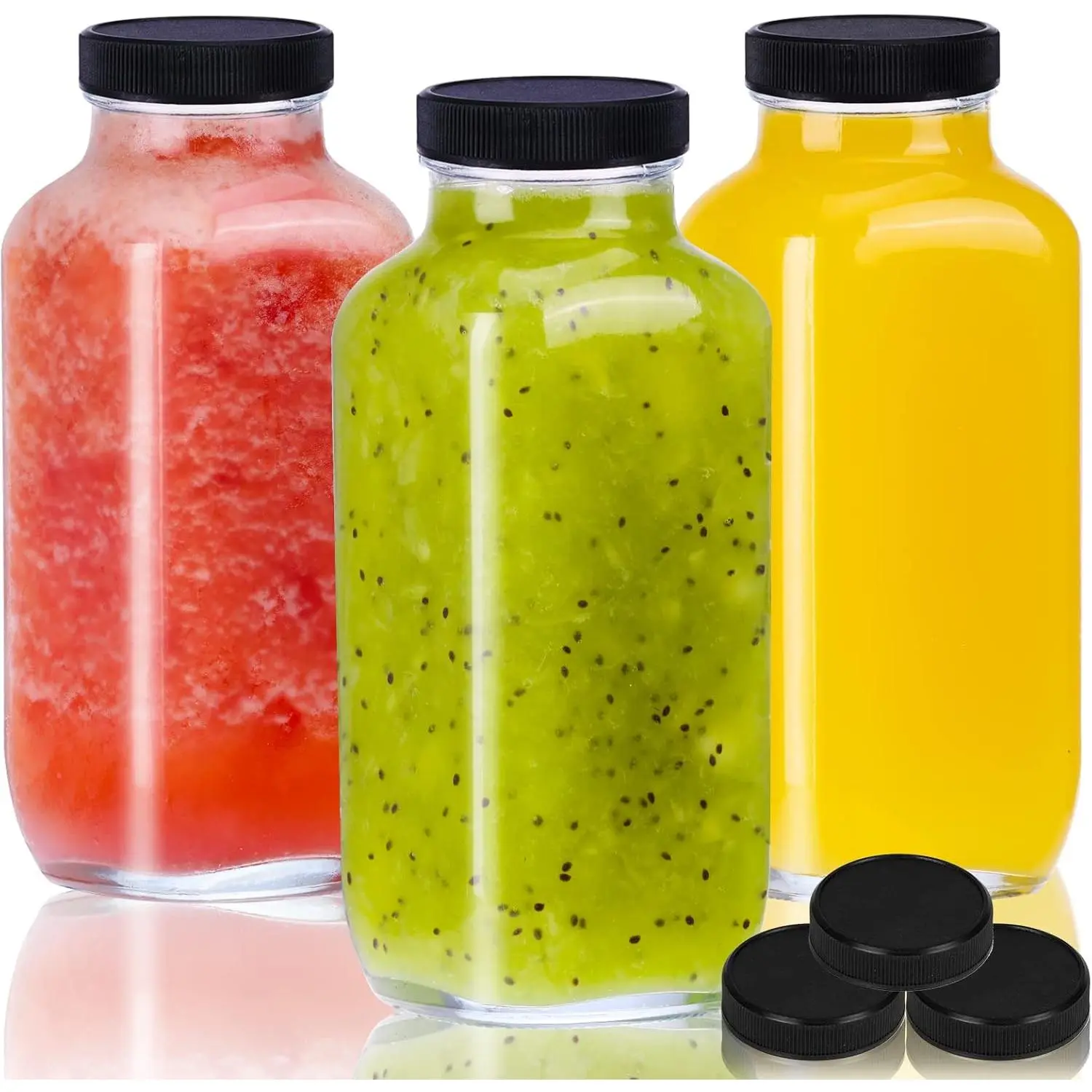3-Count 16oz (500ml) Transparent Reusable Square Glass Bottles with Lids - Dishwasher-Safe Containers for Juice, Milkshakes, Tea, Picnics - 2.6in Bottom Diameter, 6.8in Height