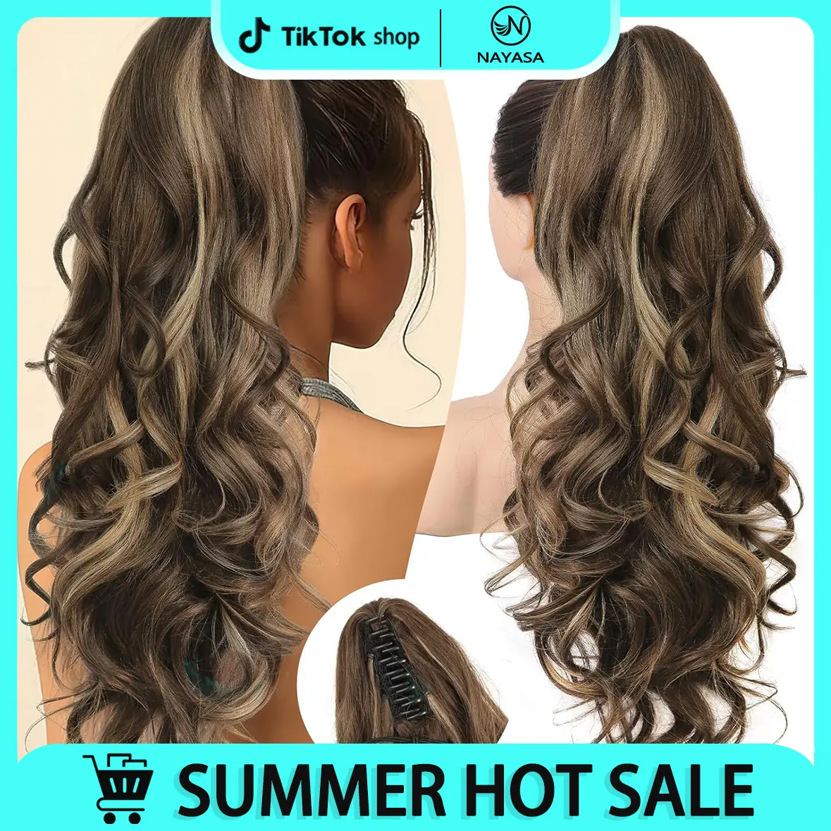 NAYASA Ponytail Extension 24" Long Curly Wavy Claw Clip in Ponytail Hair Extensions, Jaw Clip on Pony Tails Fluffy Hairpiece for Women Daily Party Use