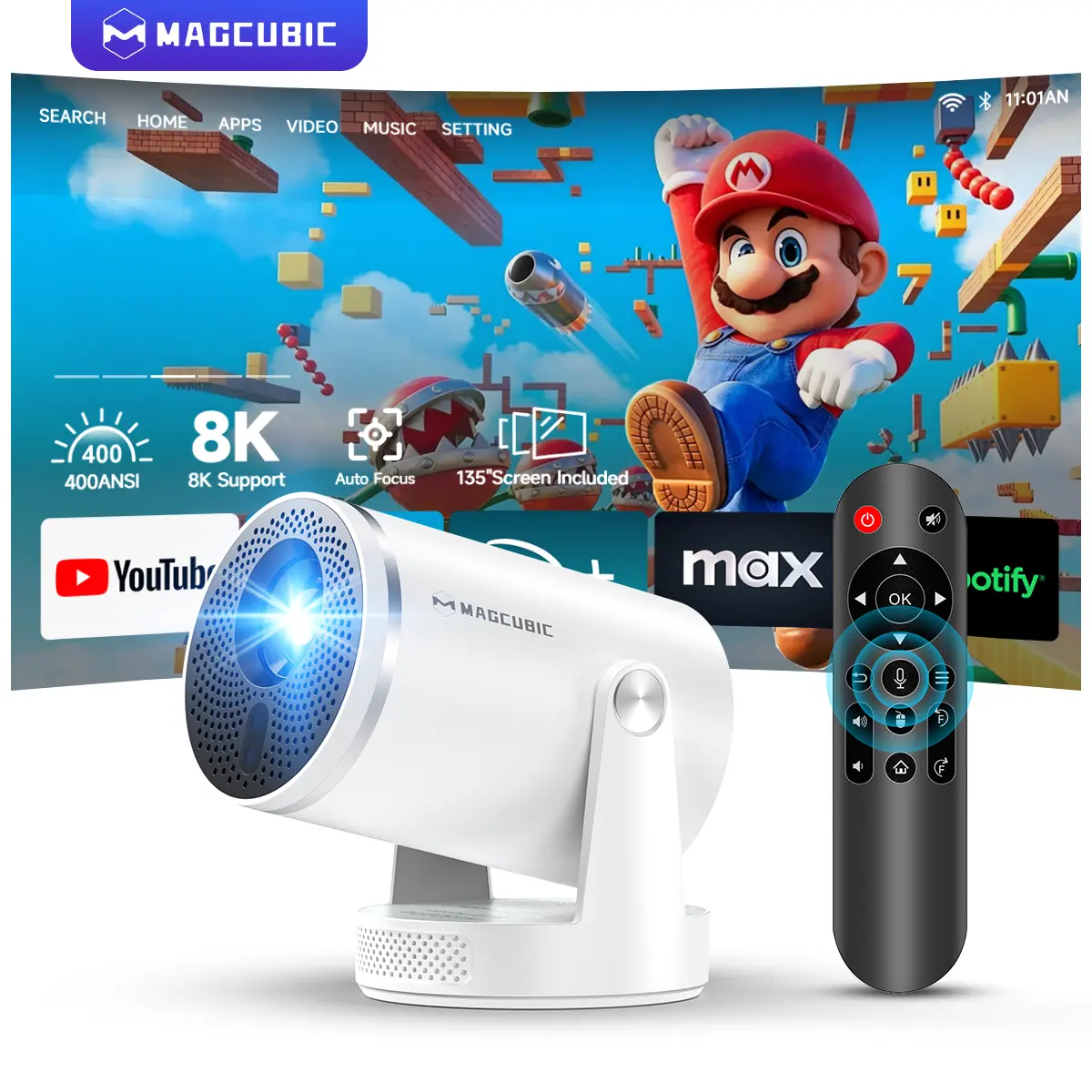 Magcubic HY320Pro Projector Auto Focus Native 1080P Google Assistant 8K Decode 400ANSI Android 14.0 Dual WiFi 6 Bluetooth 5.4 Auto Keystone Wireless 180° Flexible Rotating Portable Smart Home Cinema Movie Night Gift Projectors For Bedroom