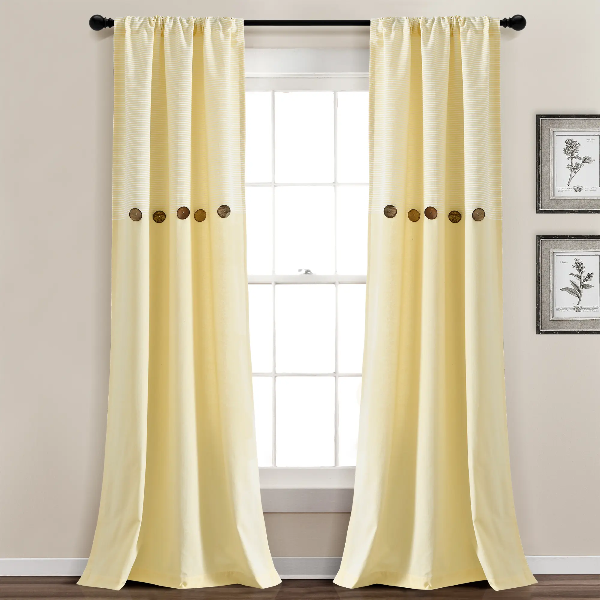 Lush Decor Farmhouse Button Stripe Yarn Dyed Woven Cotton Blend Window Curtain Panel Set, 84"/95"L x 40"W (84x40" Option), Eco-Friendly Recycled Material, 3" Rod Pockets, Window Drapes with Button Detail, Curtain for Home Office, Curtain For Windows