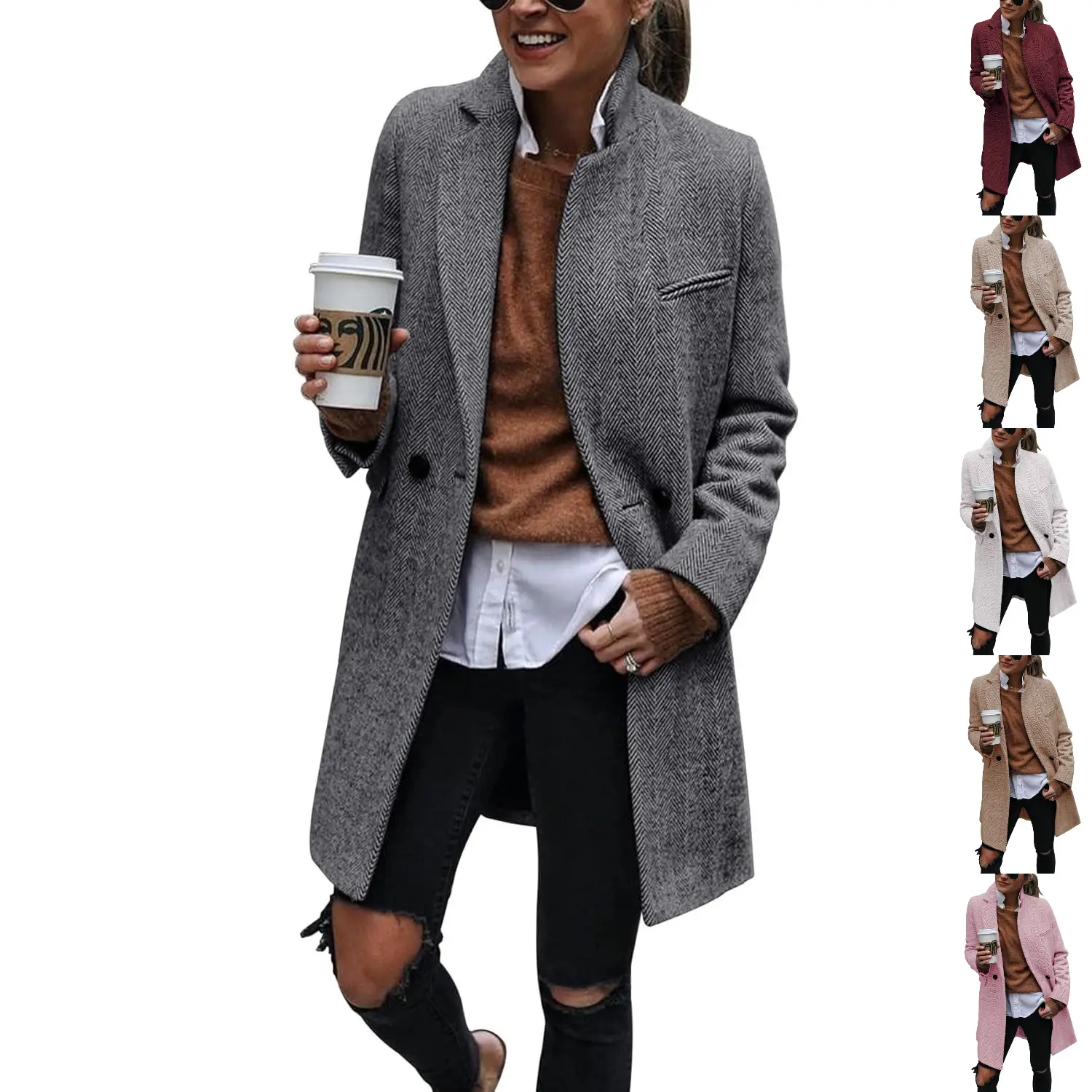 Lannew Women's Notch Lapel Double Breasted Trench Coat Peacoat Winter Casual Long Blazer Jacket Overcoat Tops Blue