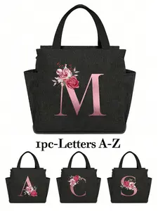 Multifunctional Insulated Tote Lunch Bag, Large Capacity Flower Letter A-Z Print, Portable Travel Picnic Bag, Unisex Office School Use