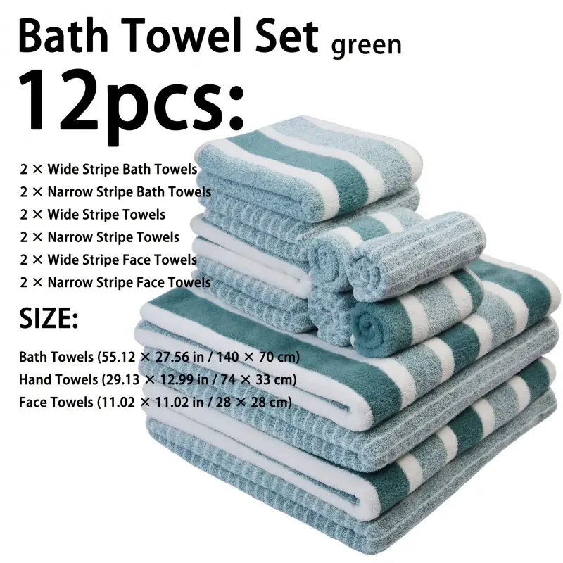 12pcs stripe Bath Towel Set, Includes 4 Washcloths + 4 Hand Towels + 4 Bath Towels, Coral Material, Multiple Colors Available, Soft and Comfortable, Super Absorbent Towels, Suitable for Gym, Bathroom Shower, Hotel, Etc.