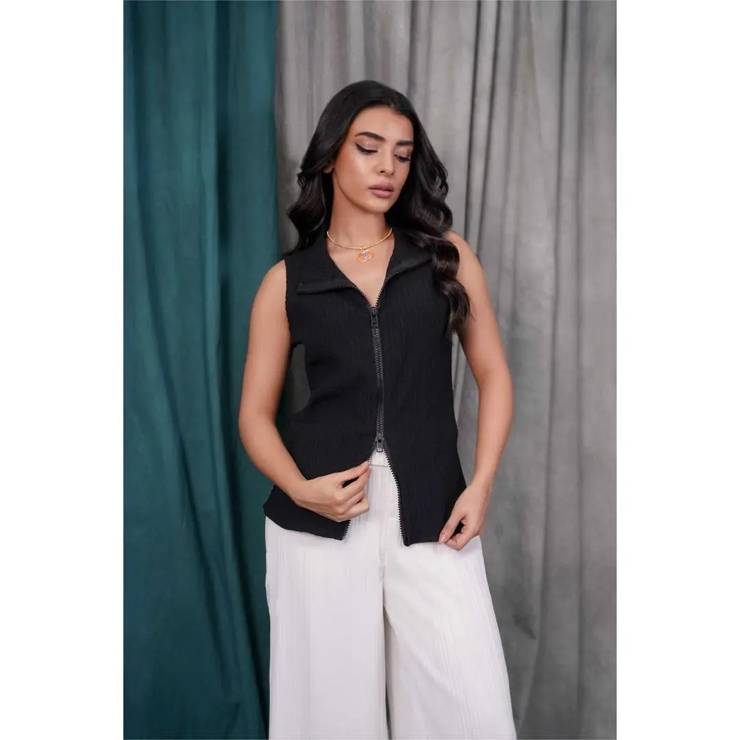 Four & Co Women's Textured Zip Black Tank Top Collared  Sleeveless