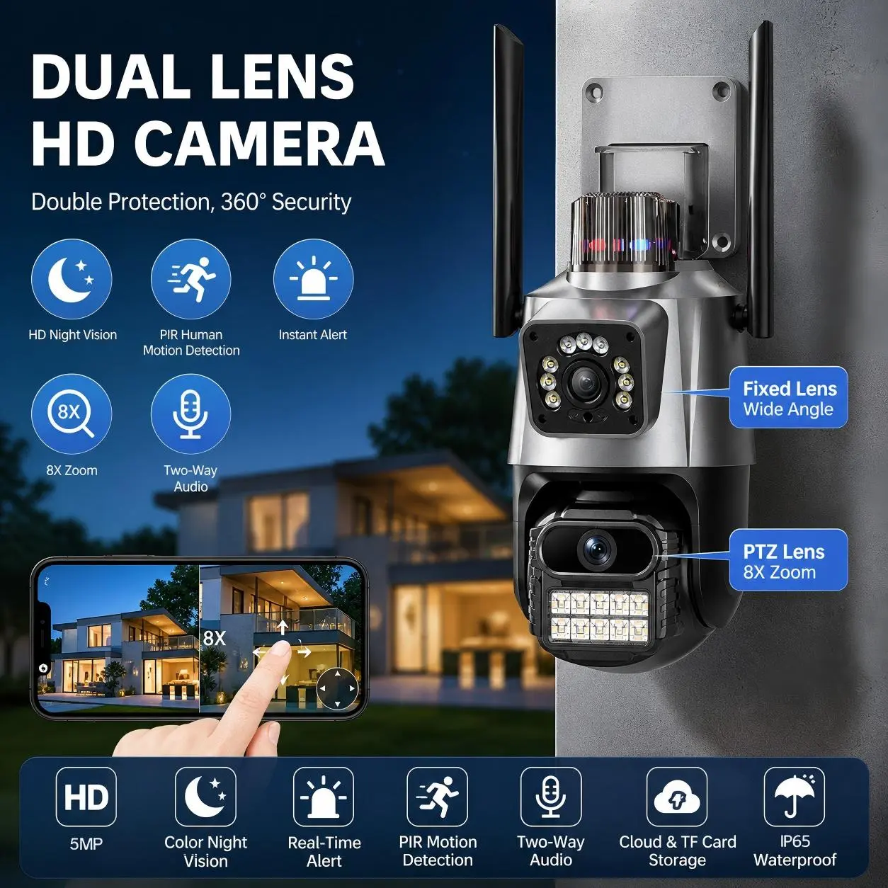 1pc Dual-Lens 8X Zoom Waterproof Home Camera, 5MP HD, IP65 Waterproof, Human/Vehicle/Animal Motion Detection, HD Night Vision, Two-Way Audio, , Motion Alarm, Support Cloud & SD Card Storage