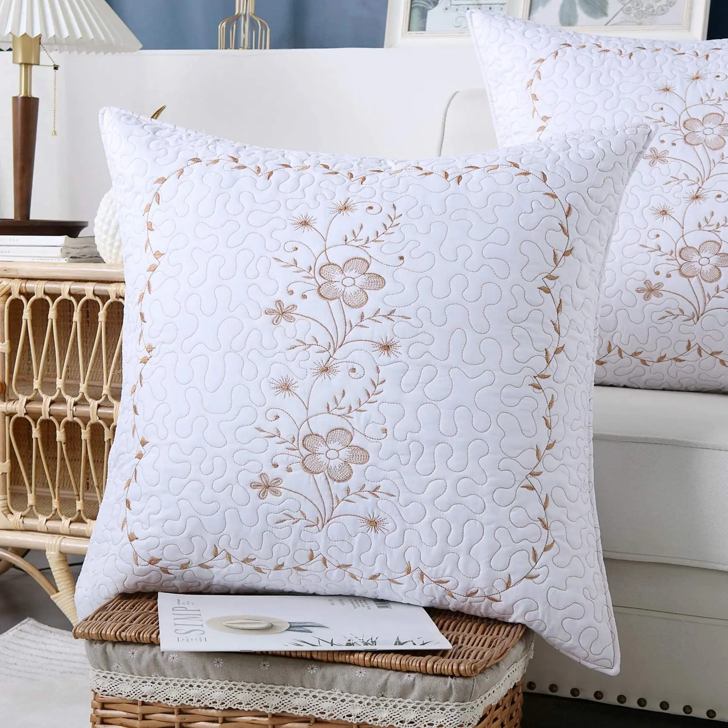 2-Piece Decorative Bedding European Euro Sham Cushion Covers - Embroidered, Invisible Zipper for Easy Filler Removal, for Living Rooms, Guest Rooms Home Decor