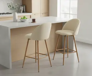 Homy Casa  Haseeb Set of 2 Counter Height Bar Stools, Upholstered Fabric Seat, Oak Wood Painted Metal Legs, Beige, Swivel Barstool with Footrest for Kitchen Island, Dining Room