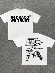 Hardcore Street Style Gun Disassembly Print Short Sleeve T-Shirt, in Draco We Trust Slogan, Casual Fitted H-Type Tee for Daily Wear, Streetwear, Fashion Menswear