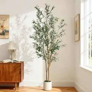 Garvee Artificial Olive Trees for Indoor Use, Silk with Natural Wood Trunk and Lifelike Fruits, White Ceramic Planter with Green Artificial Moss for Modern