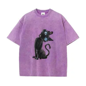 Quirky Black Cat Graphic T-Shirt | Vintage Washed Summer Tee for Women, Soft Loose Fit Short Sleeve Streetwear