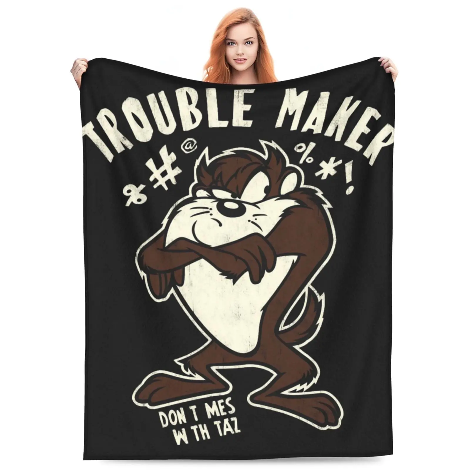 Retro Flannel Blanket Throw, Cartoon Tasmanian Devil Taz Printed Funny Blanket, Soft Warm Durable for Home & Holiday Parties, 60x50in