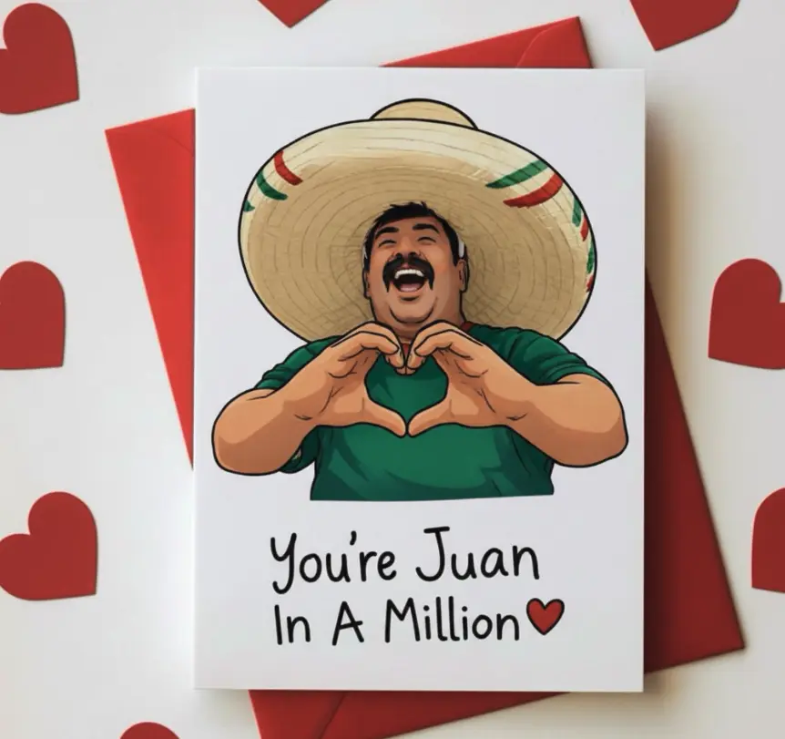 Cute Funny Valentine’s Day Love Card "You’re Juan in a Million" for Partner, Him or Her, Wife, Husband, Boyfriend, Girlfriend