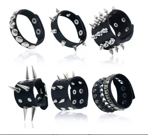 6 Pieces Punk Studded Bracelet Set - Black Leather Rivets Spike Cuff Adjustable Metal Wristband Gothic Accessories for Men Women Halloween