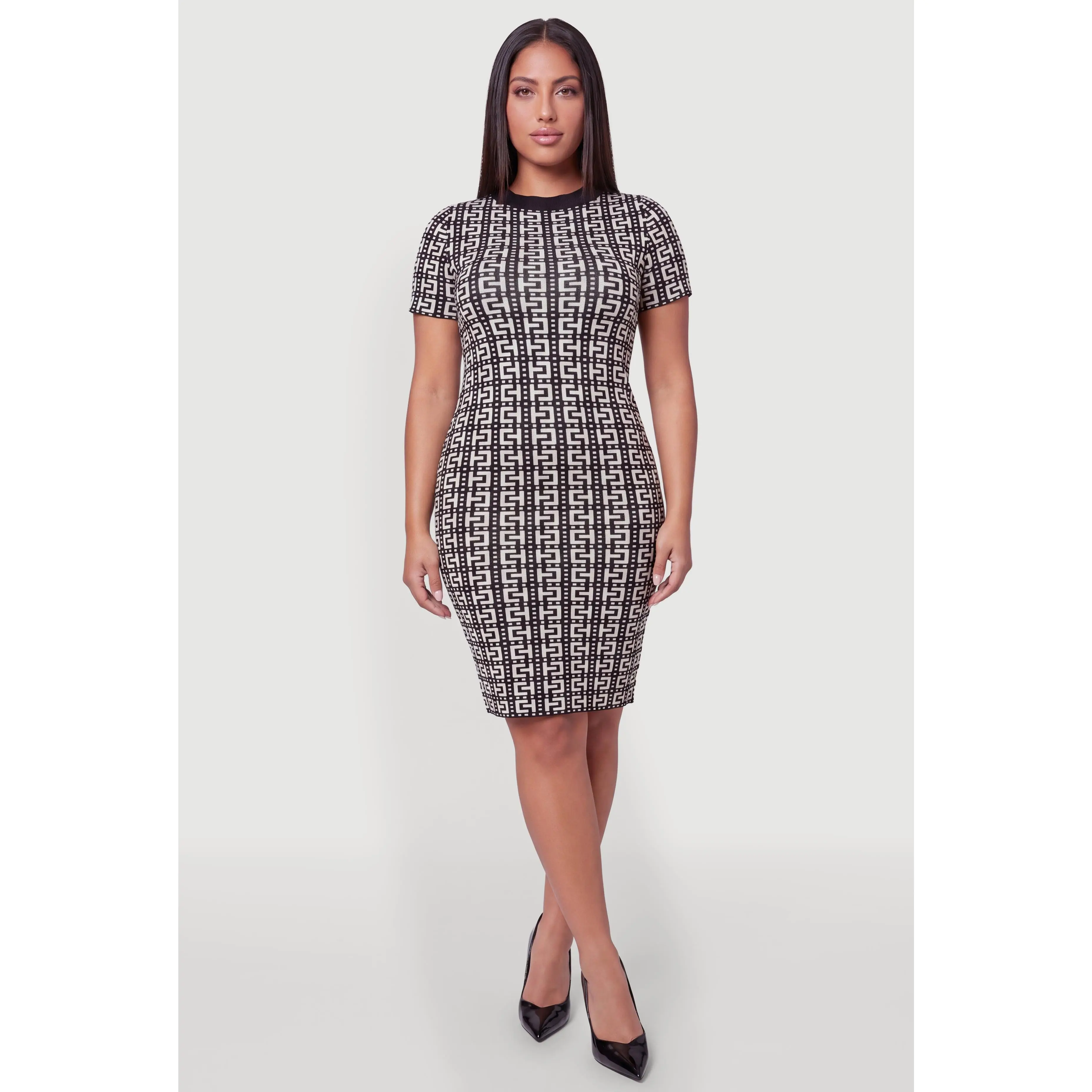 Plus Size Printed Short Sleeve Sweater Dress