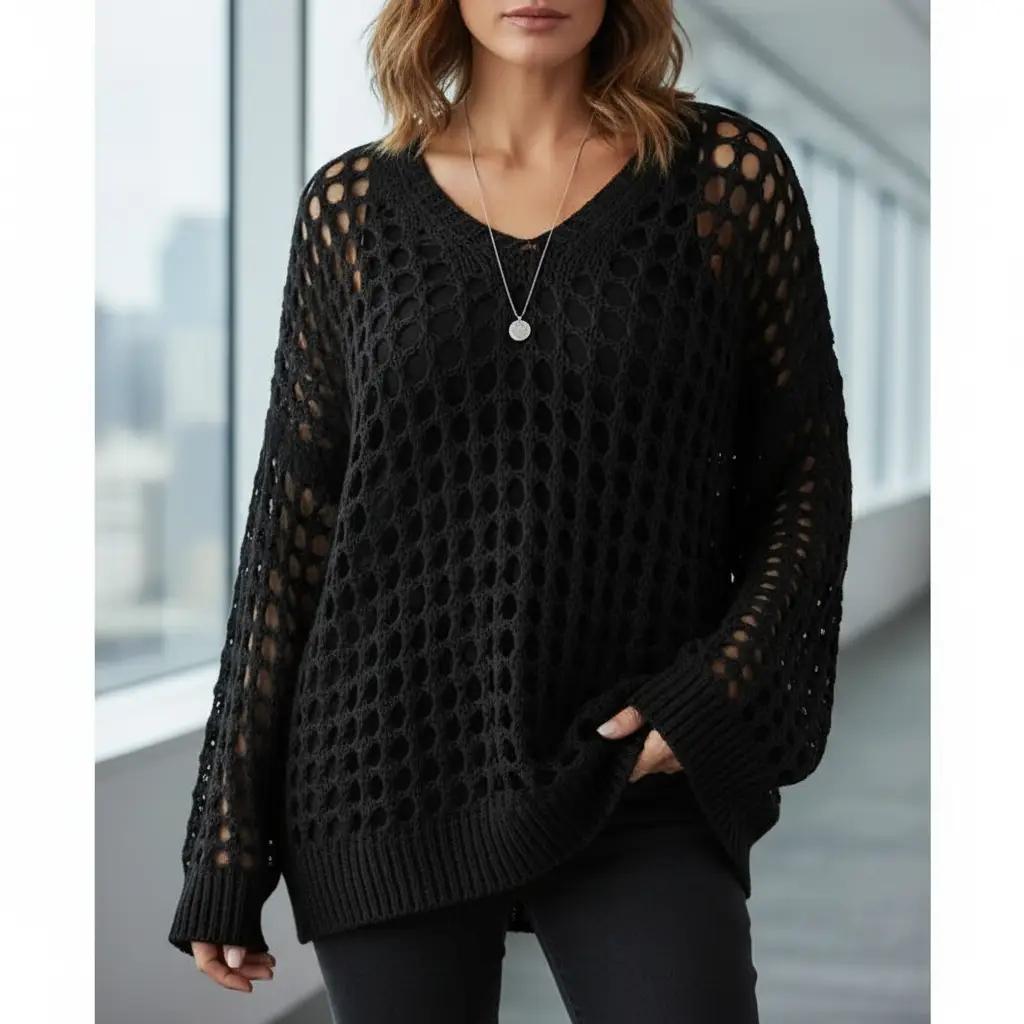 Women's casual everyday loose V-neck top, hollow-out design, polyester knit fabric, hand washable, suitable for all seasons, knit sweater