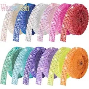12 Rolls No-Glue Self-Adhesive Crystal Rhinestone Bedazzling Strips, 12 Yards Sparkly Gem Ribbon, Reusable Bling Rhinestone Tape for DIY Crafts Clothing Decor Projects