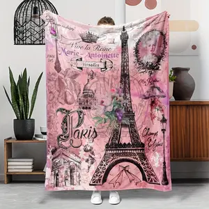 1 Piece Eiffel Tower Flannel Blanket - Vintage Paris Landmark Pattern, Pink and Black Print, All-Season Multi-Purpose Sofa, Camping Travel Blanket - Warm Gift for Family and Friends, Sofa Decorative Blanket, Comfortable and Warm Blanket