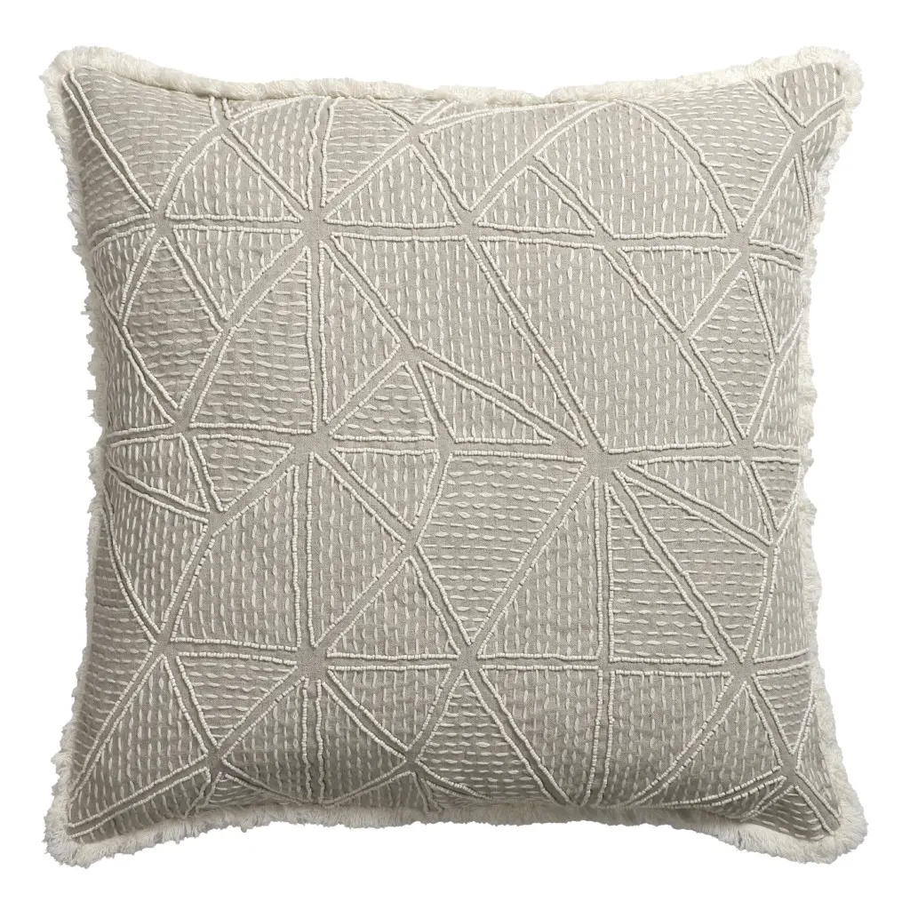 HomeRoots 20x20 in. Non-Customised Casual Geometric Linen Decorative Cushion - Soft, Embroidered, Fringed Edges, Handmade, Neutral Beige & Ivory, Zippered Living Room Pillow, Embroidery