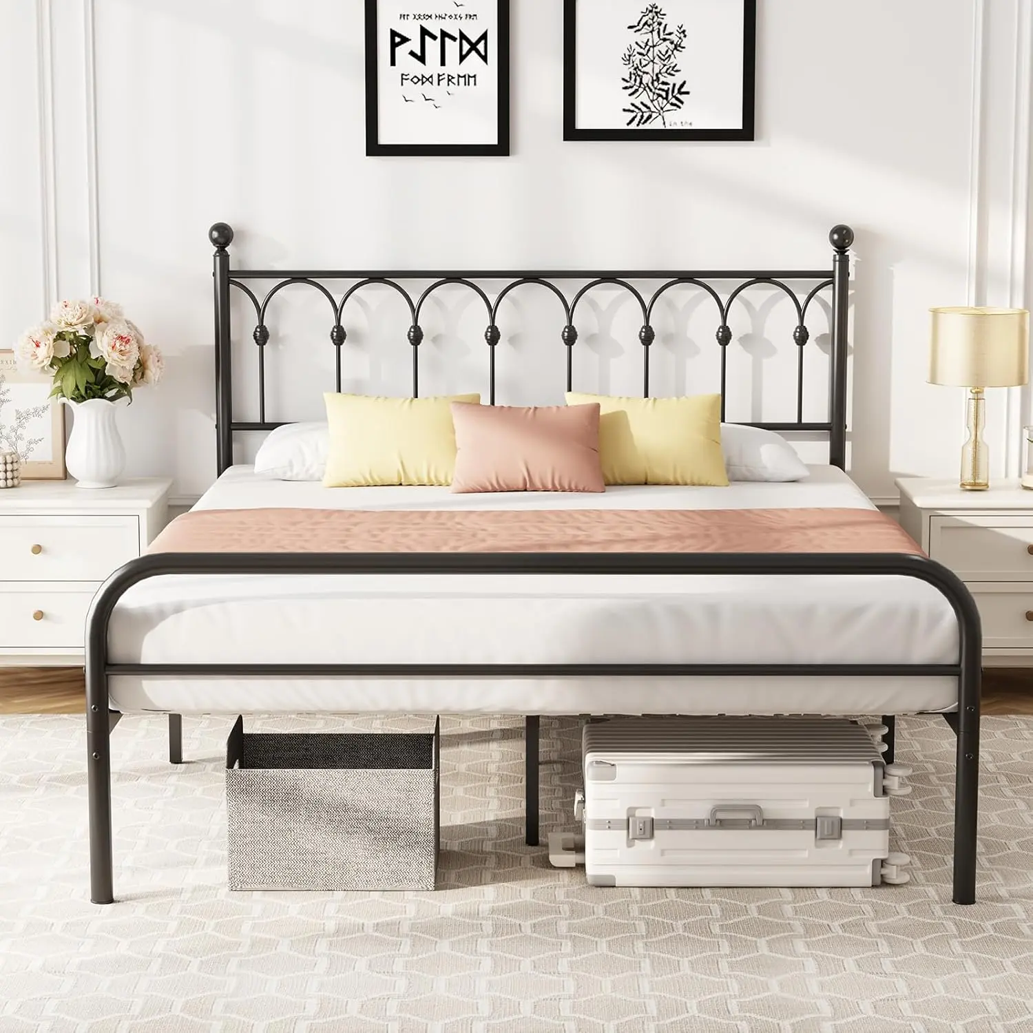 Full Size Victorian Iron-Art Metal Platform Bed Frame with Headboard, Heavy Duty Steel Slat Support, 11.9" Under-Bed Storage Space, Noise-Free Stable Structure, No Box Spring Required, Easy Assembly