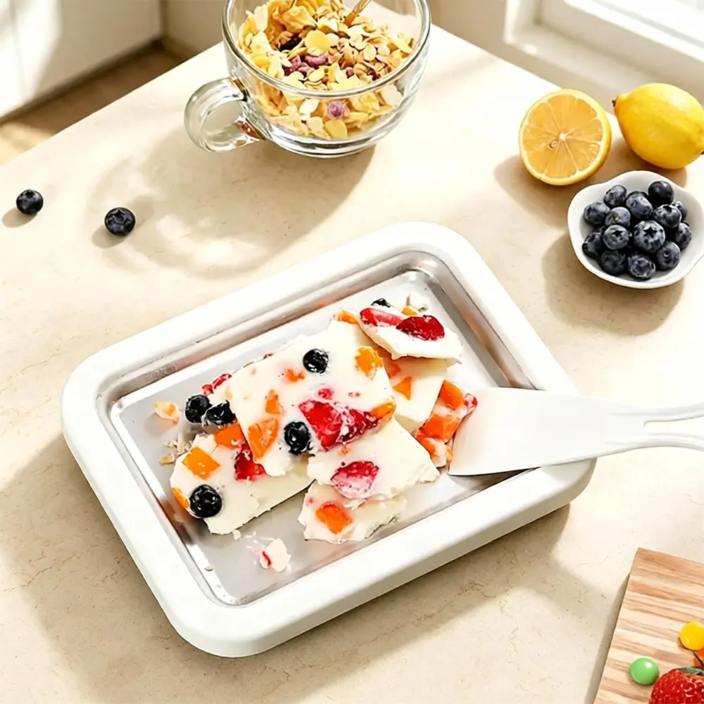 Manual Portable Non-Electric Ice Cream Maker - Stainless Steel Frozen Dessert Maker with 2 Scrapers, Quick Hand Wash, Square Design, DIY Homemade Ice Cream Maker for Family Parties, Pink & White, No Plug Required