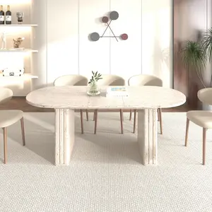 Kitchen extendable dining table for 4-8 people, oval kitchen table with wooden strip base for family living room (travertine inspired )