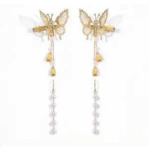 Butterfly Hair Clips with Tassel & Gold Drop Earrings Set - Minimalist Bridal Jewelry for Women, Long Dangle Hoops for Wedding, Prom, Anniversary