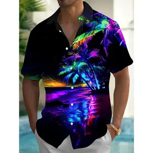 Colorful Gradient Art Plant Print Men's Plus Size Button-Up Hawaiian Aloha Shirt PLUS SIZE