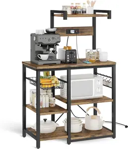 Recaceik Bakers Rack for Kitchen with Power Outlet,Microwave Oven Stand Metal Wire Basket Organiser with Hooks, Retro Storage Furniture,Utility Shelf for Kitchen Furniture