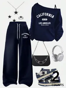 A teenage girl's off-shoulder top and wide-leg casual trousers; a loose-fitting, oversized casual long-sleeved top with a Graphic letter print paired with loose-fitting drawstring trousers; soft, suitable for women, and versatile.