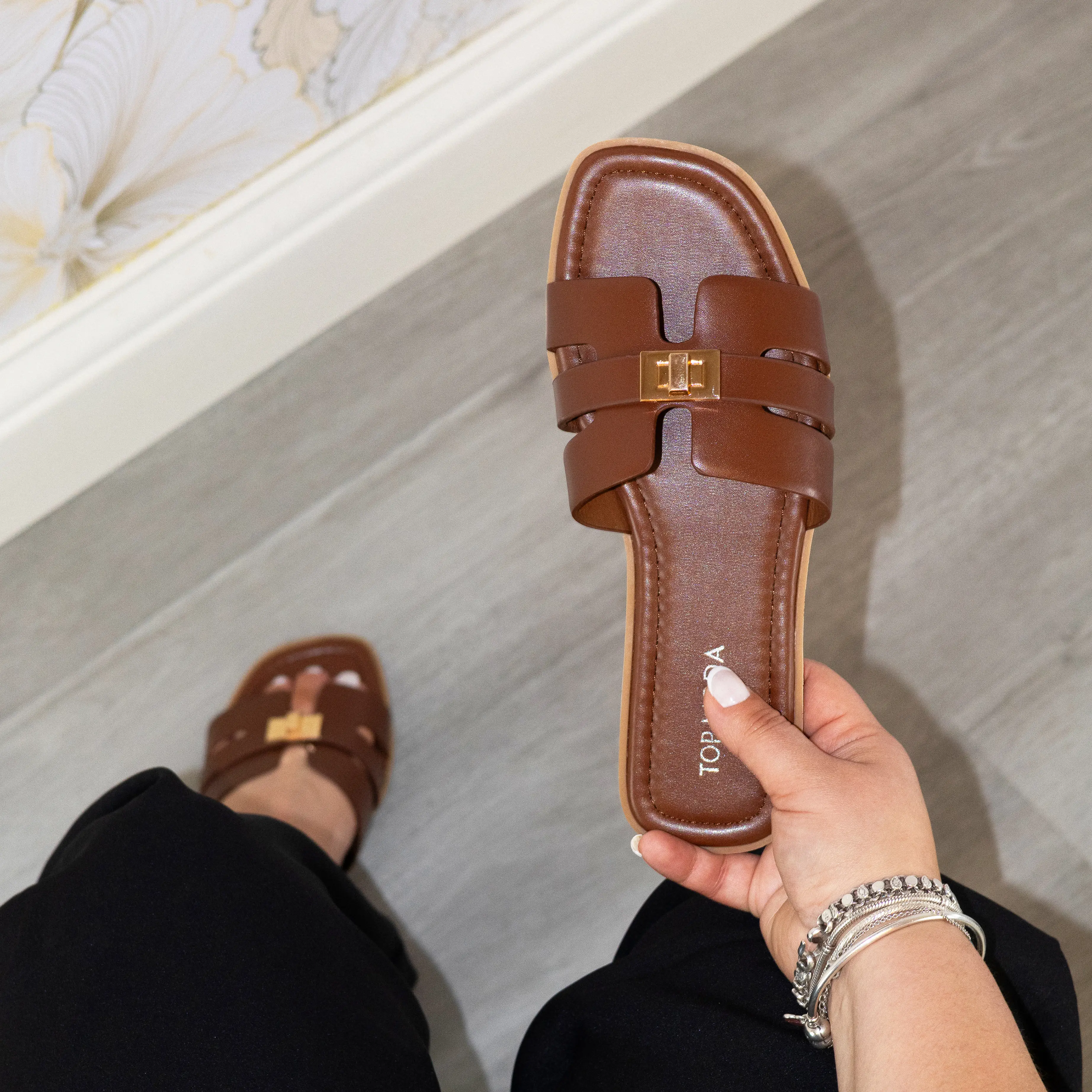 Tammie - Women’s Multi Strap Slide Sandals, Gold Accent Detail Comfortable Flat Summer Footwear, Stylish Open Toe Casual Slides for Vacation, Beach & Everyday Wear