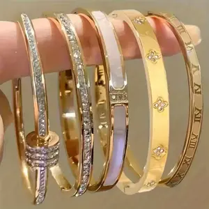 Waterproof & Tarnish-Resistant Titanium Steel Bracelet Set - 18K Gold Plated Diamond-Studded Starry Sky Bangles, Versatile INS-Style Fashion Jewelry