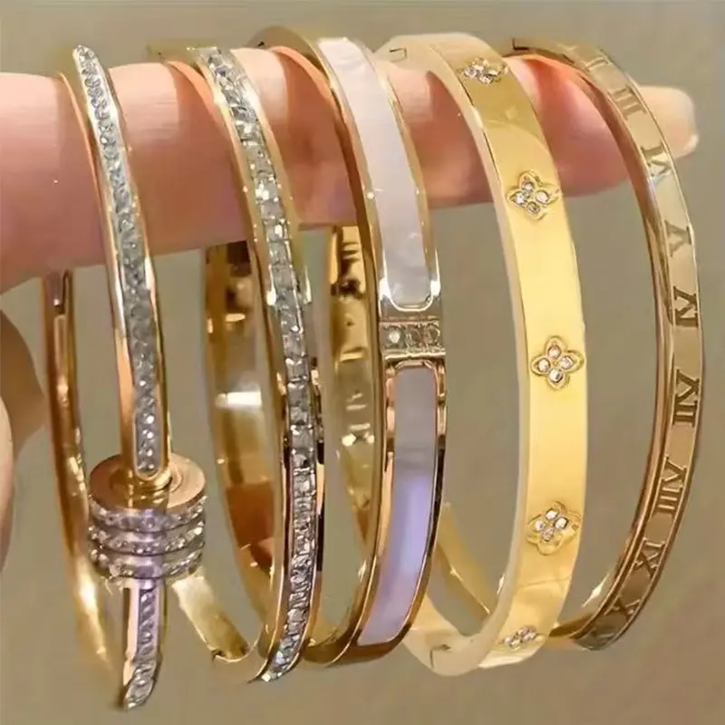 Waterproof & Tarnish-Resistant Titanium Steel Bracelet Set - 18K Gold Plated Diamond-Studded Starry Sky Bangles, Versatile INS-Style Fashion Jewelry