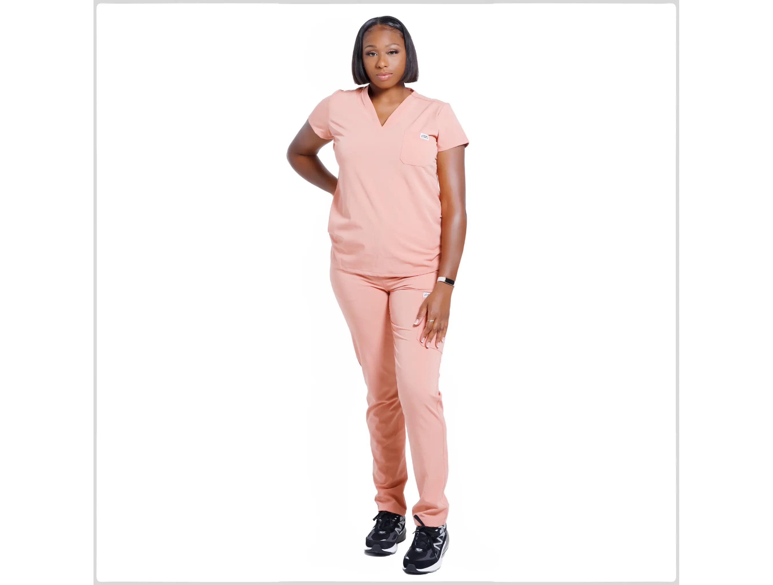 SALMON PINK DEEP V NECK SCRUB TOP