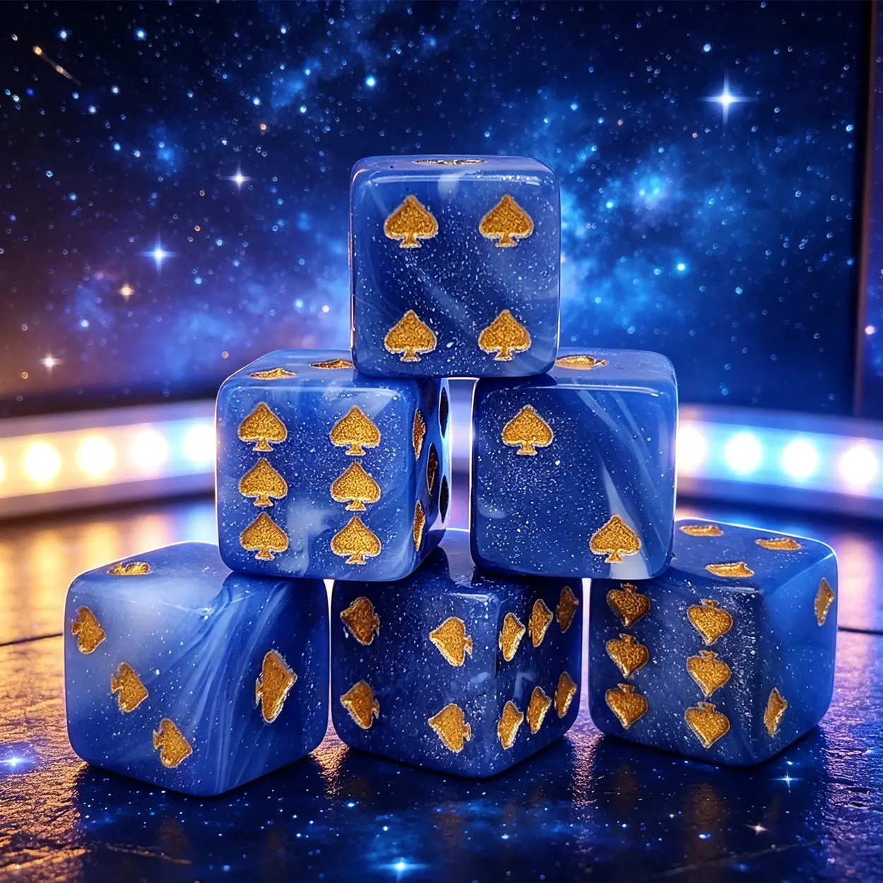 6pcs Carved Golden Unique Symbol Hexahedral Dice, Spiritual Blue Dice, Sunflower Fan Design, Suitable for Board Games
