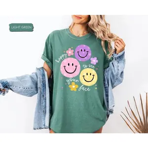 Comfort Colors Teacher Shirt - Happy To See Your Face Shirt, Cotton Fabric, New Teacher Gifts, Medium Size, Back to School Gift Oversize Top