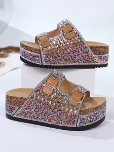 Boho Style Rhinestone Buckle Thick Sole Sandals, Women's Summer Beach Vacation Shoes, Comfortable Wedge Casual Slippers, Footwear For Beach, Bohemian Sandals