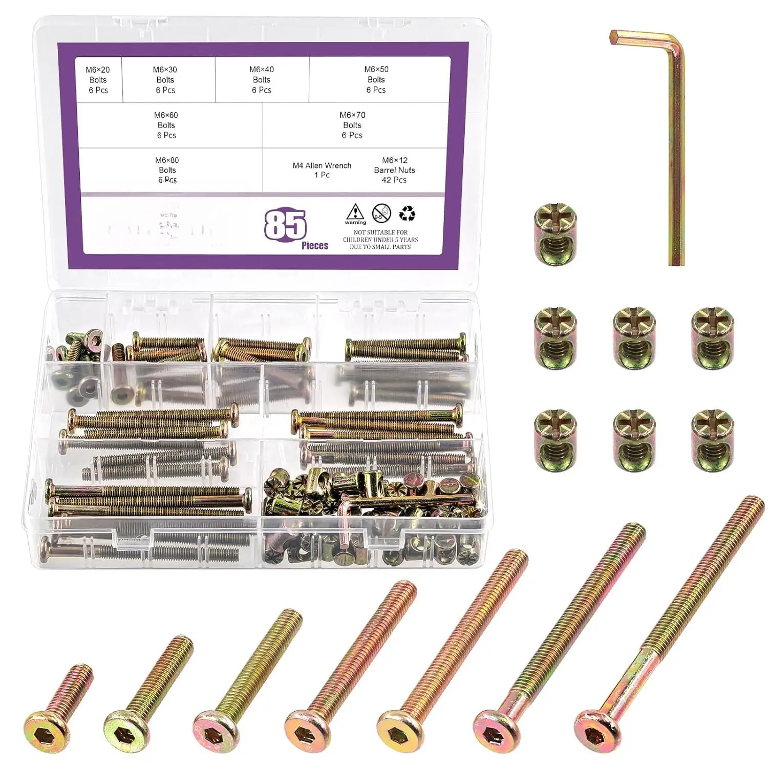 85 count M6 20/30/40/50/60/70/80mm Colored Zinc Screws Kit, Hex Socket  Cap   Bed Bolt and Barrel Nuts with 1 count Allen Wrench  for Furniture, Cots, Hardware  Screws