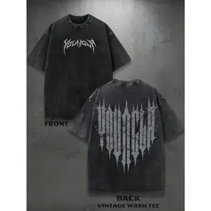 DarcSport Youngla Death Metal Font Washed Loose T-Shirt, Gothic Metal Style American Streetwear Short Sleeve, Casual Fitted Long Top