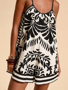 Women's Vacation Print Sleeveless Belted Wrap Jumpsuit, Casual Summer One-Piece, Comfortable and Stylish, Perfect for Travel and Daily Wear