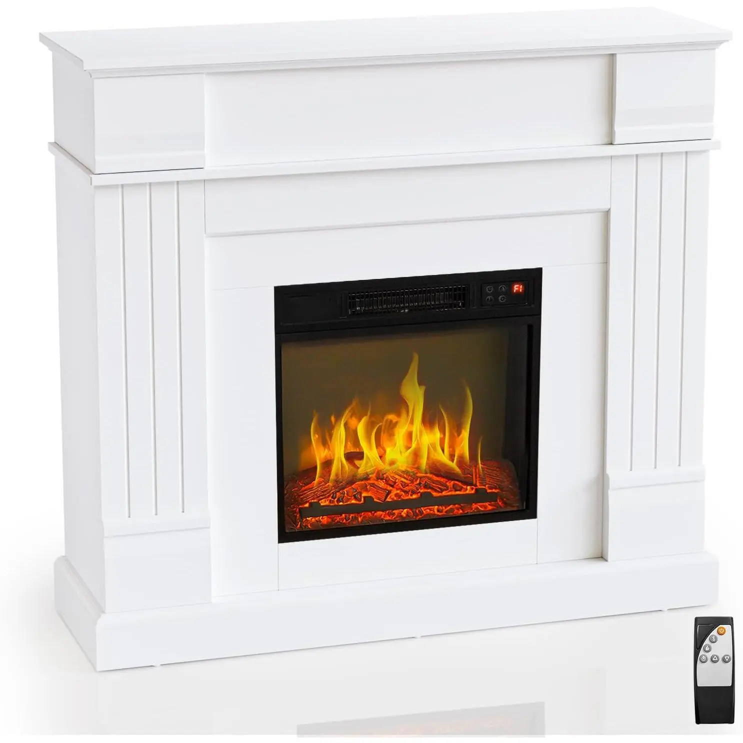 ROVSUN 43'' Freestanding Electric Fireplace with Mantel, 1400W Heater with Timer, 6 Realistic Flames, Adjustable Heating & Temperature for Home Bedroom Indoor Use, Handheld