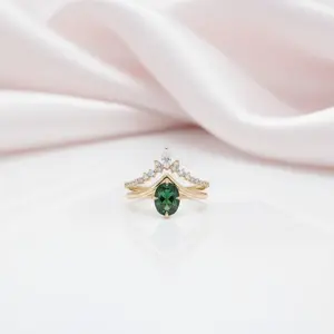 Oval Cut Moss Agate Chevron Cluster Engagement Ring Set