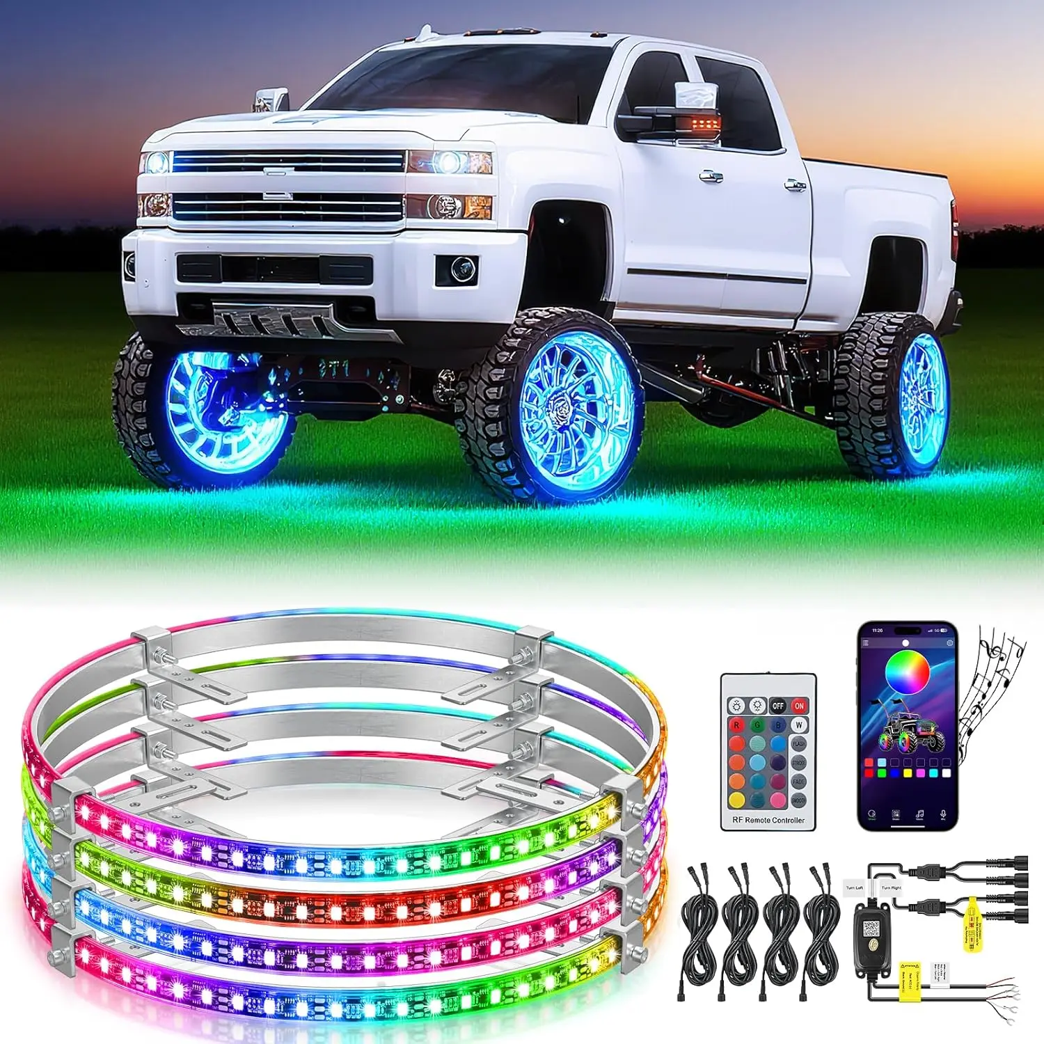Nilight 4PCS 15.5in RGB LED Wheel Ring Lights, APP & Remote Control Neon Wheel Rim Lights with Turn Signal & Braking Functions, Waterproof Aluminum Support for Cars SUVs, Wheel Lights